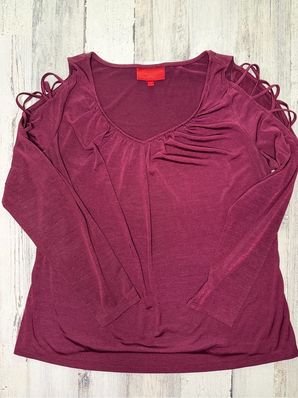 Jennifer Lopez 0X Burgundy Cold Shoulder Lattice Sleeve Top